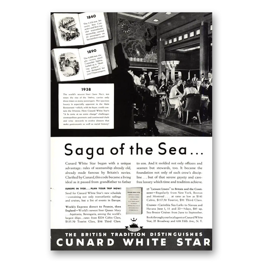 1938 Cunard White Star Saga of the Sea Vintage Magazine Print Ad