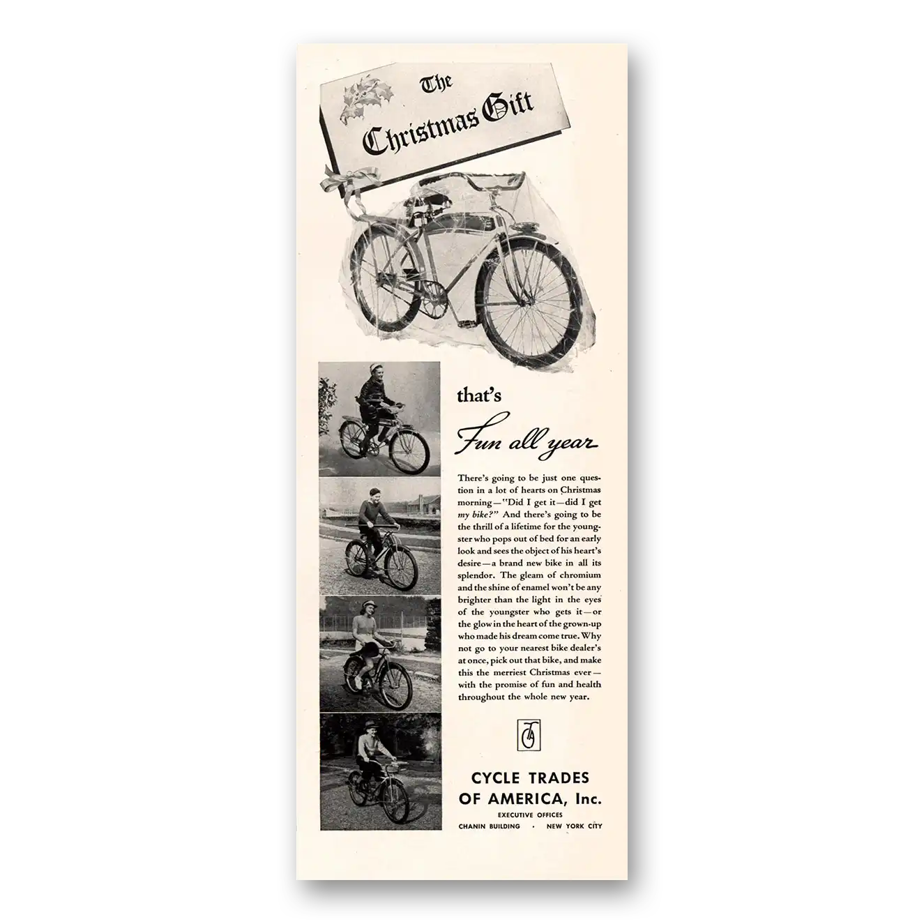 1938 Cycle Trades of America Christmas Gift Bicycle Vintage Magazine Print Ad