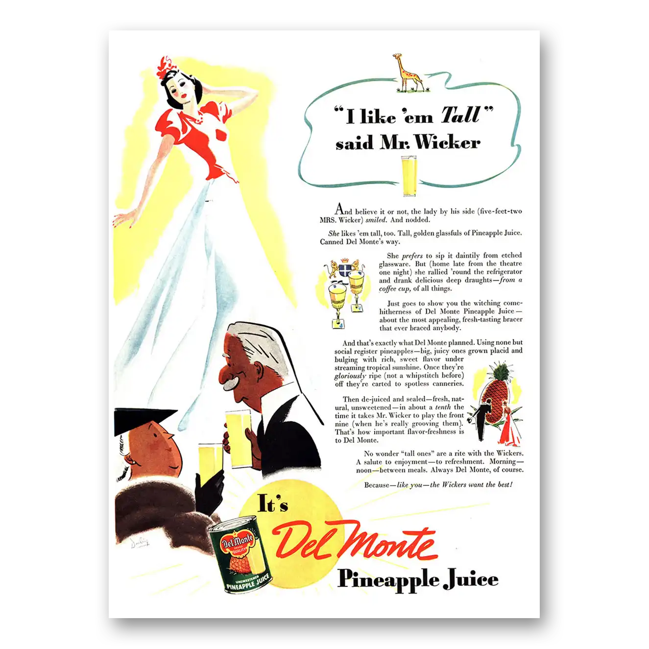 1938 Del Monte Pineapple Juice I Like Em Tall Said Mr Wicker Vintage Magazine Print Ad