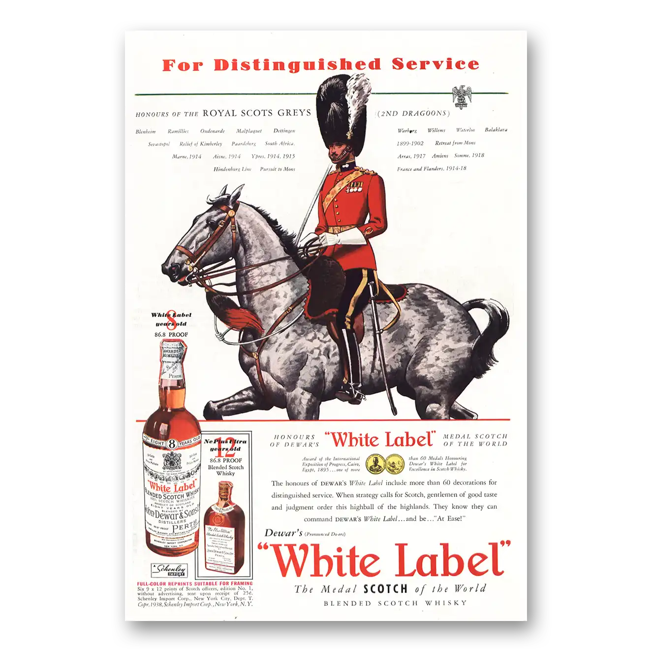 1938 Dewars White Label Royal Scots Greys Vintage Magazine Print Ad