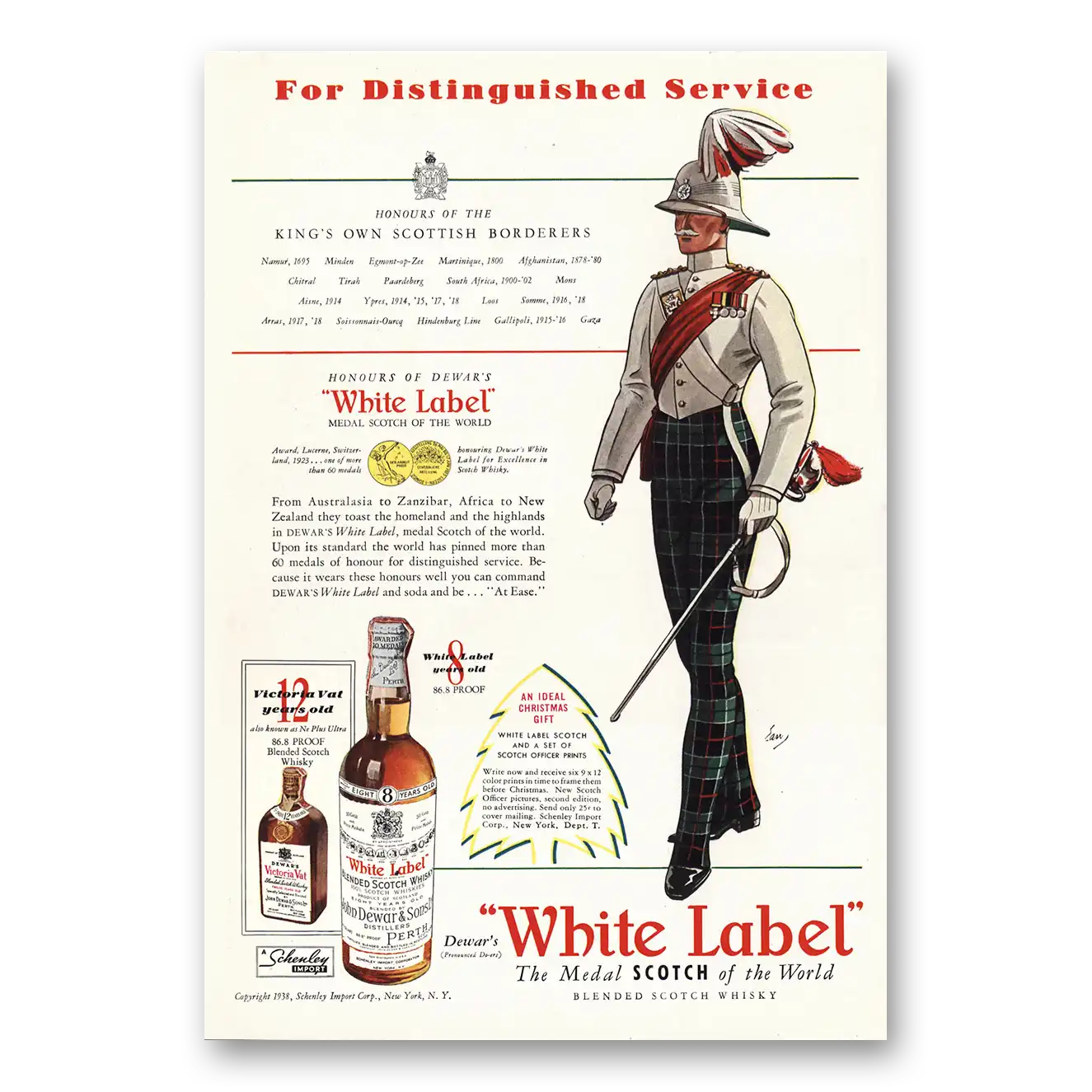 1938 Dewars White Label Distinguished Service Vintage Magazine Print Ad