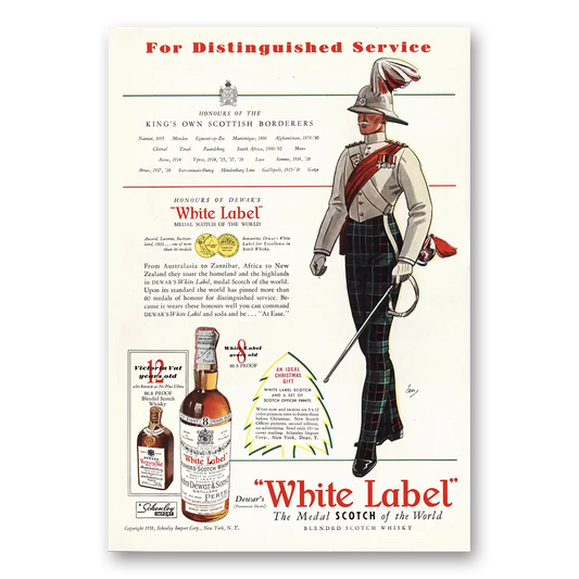 1938 Dewars White Label Distinguished Service Vintage Magazine Print Ad