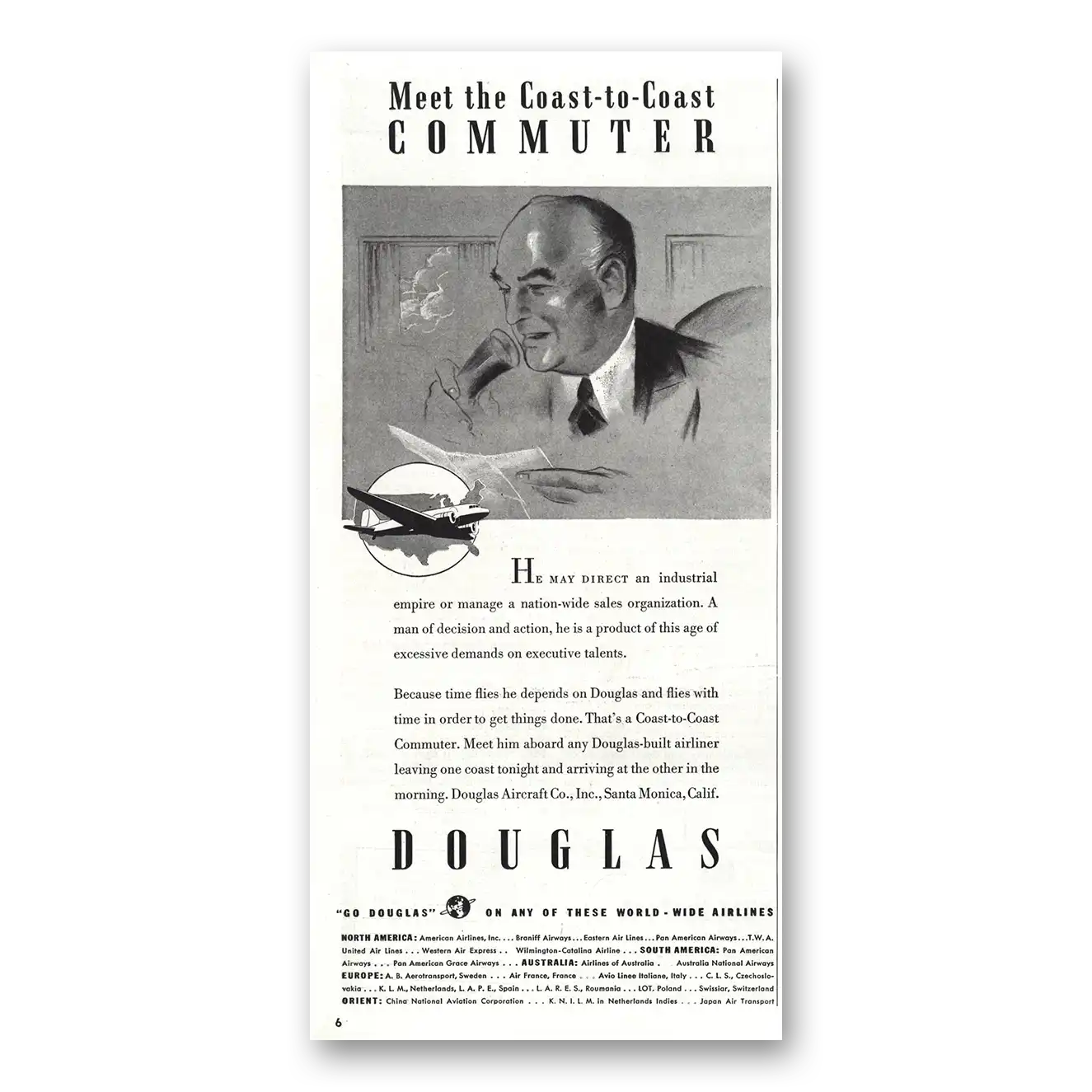 1938 Douglas Coast to Coast Commuter Vintage Magazine Print Ad