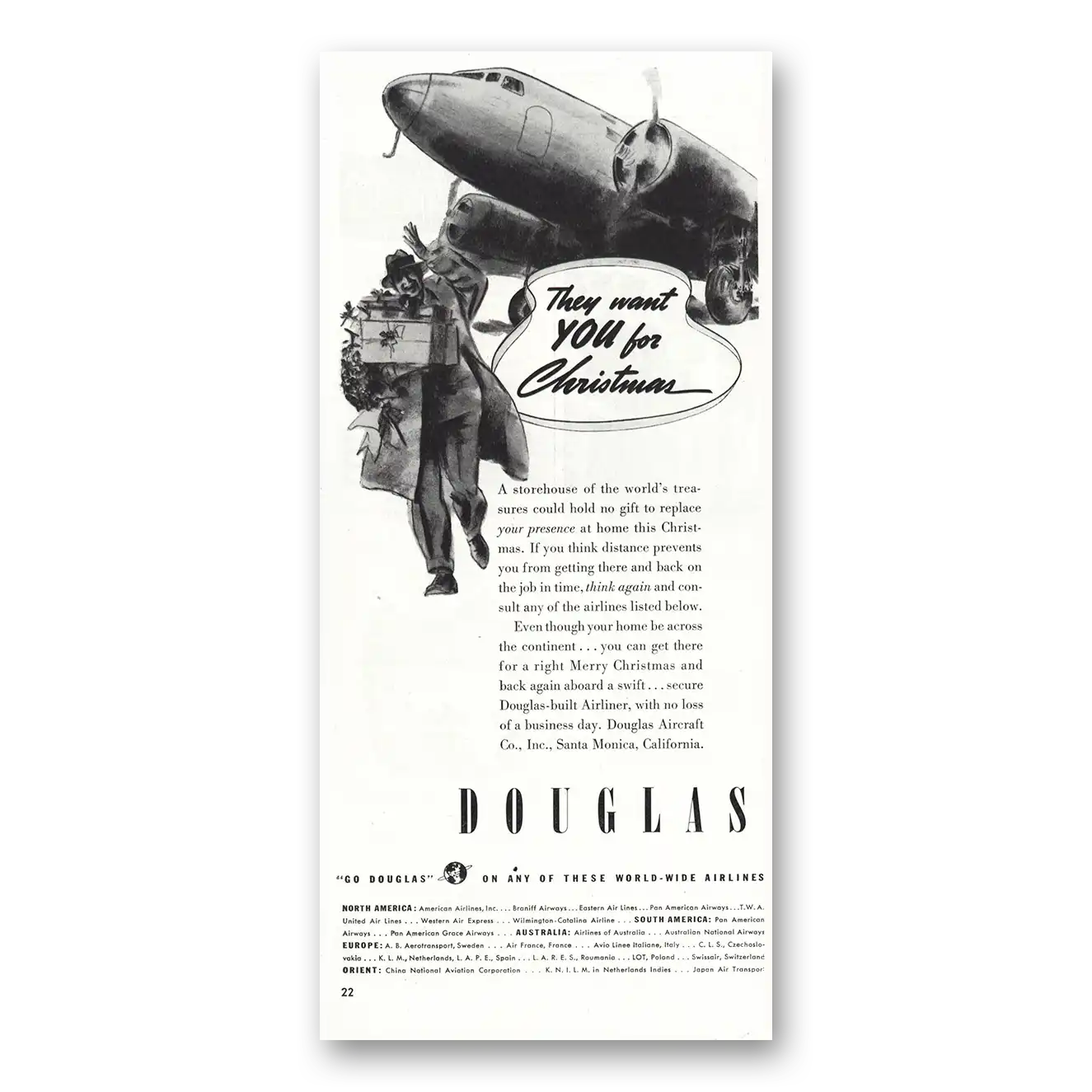 1938 Douglas They Want You for Christmas Vintage Magazine Print Ad