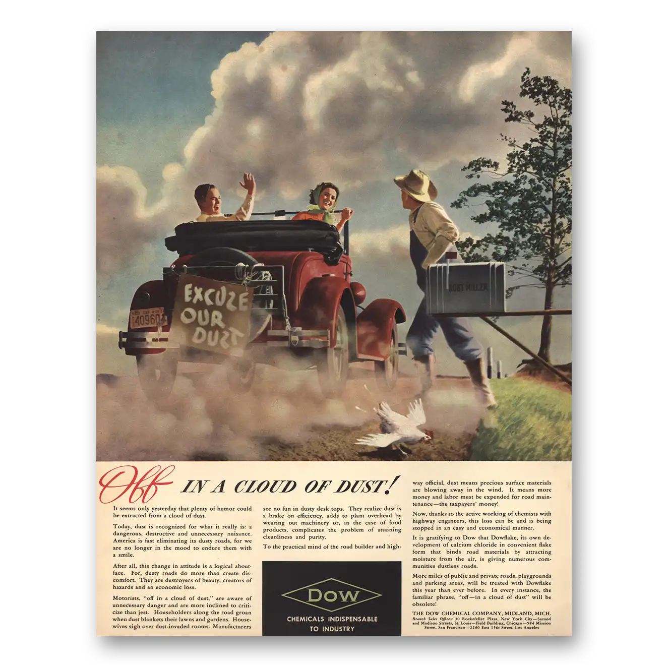 1938 Dow Off In a Cloud of Dust Vintage Magazine Print Ad