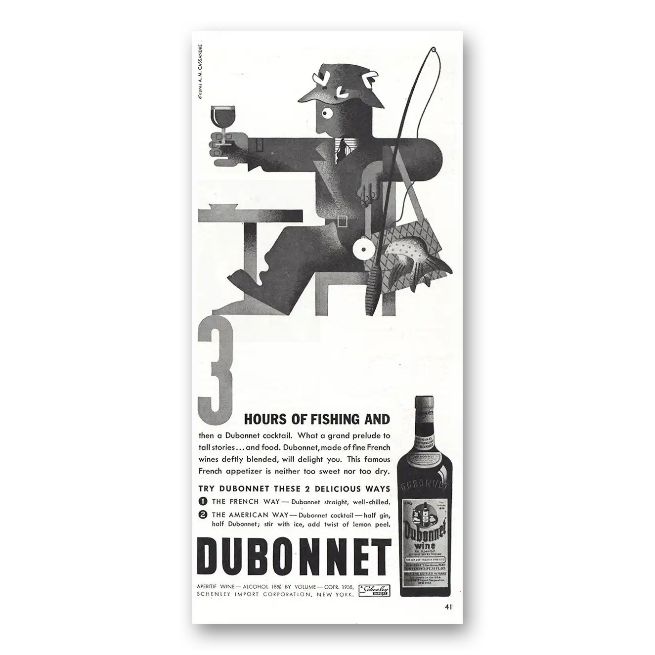 1938 Dubonnet Wine 3 Hours of Fishing Vintage Magazine Print Ad