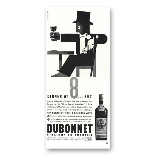 1938 Dubonnet Wine Dinner at 8 Vintage Magazine Print Ad