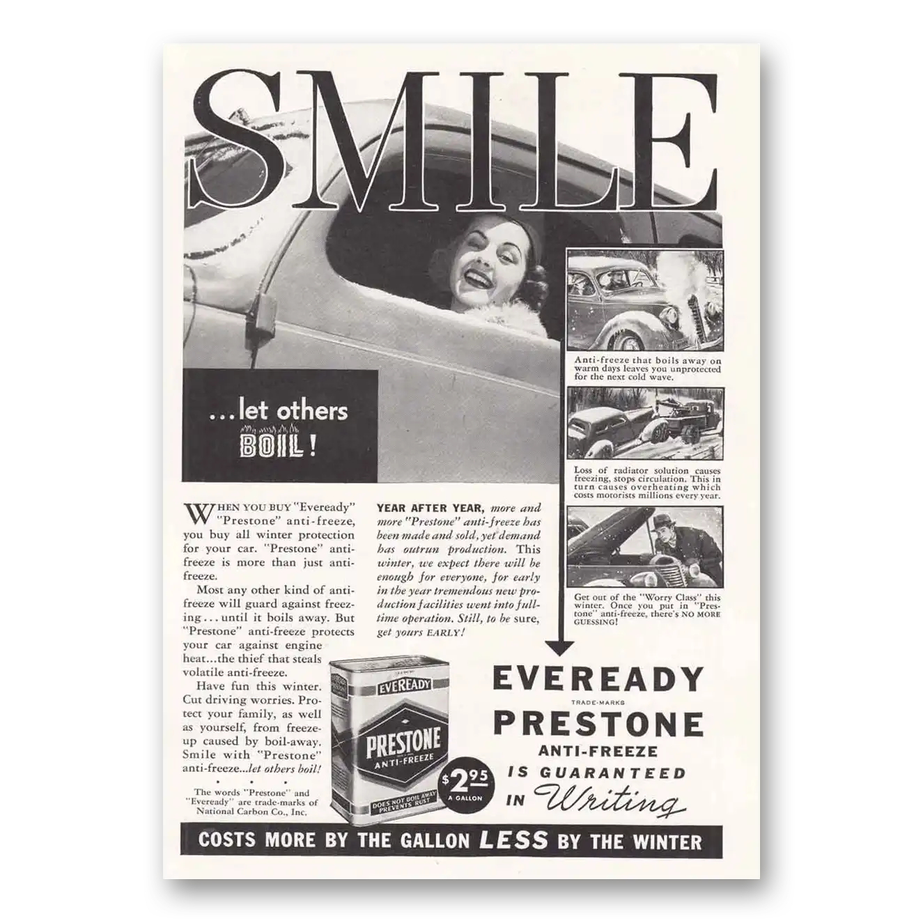 1938 Eveready Prestone Anti Freeze Smile Let Others Boil Vintage Magazine Print Ad