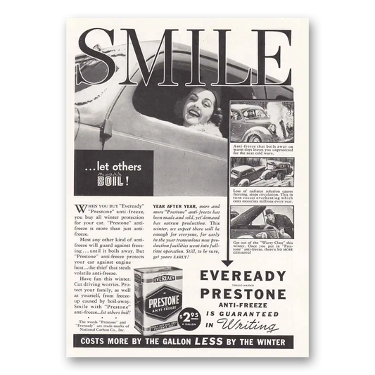 1938 Eveready Prestone Anti Freeze Smile Let Others Boil Vintage Magazine Print Ad