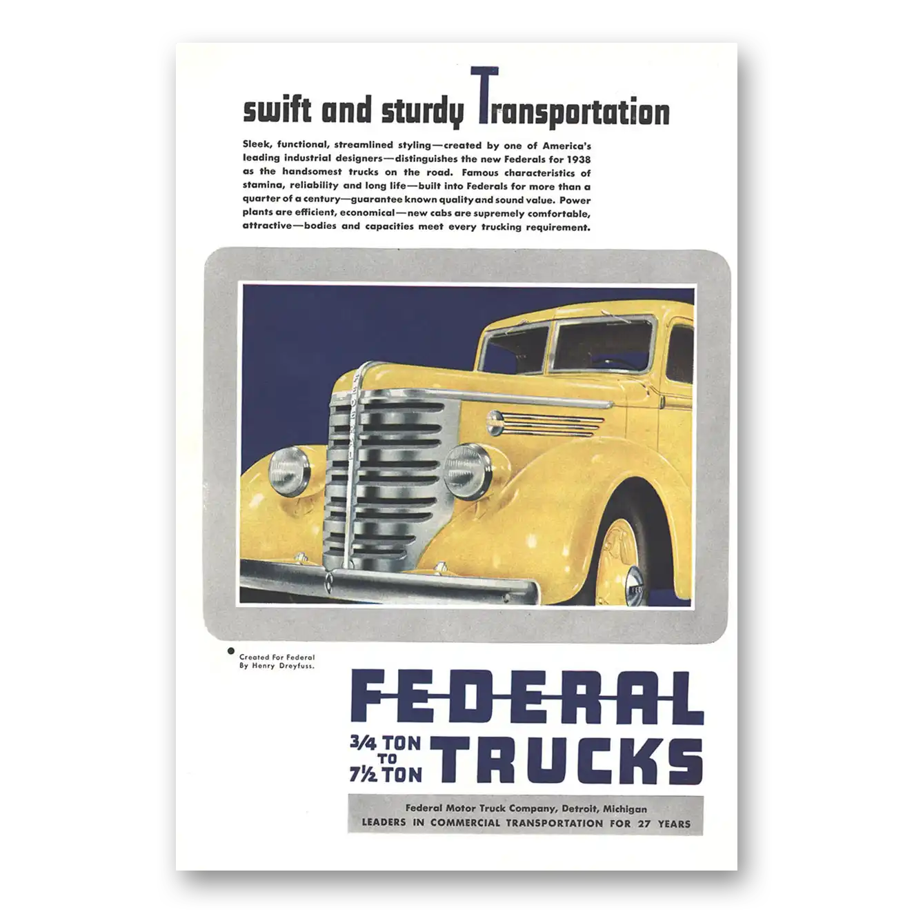 1937 Federal Motor Truck Swift and Sturdy Transportation Vintage Magazine Print Ad