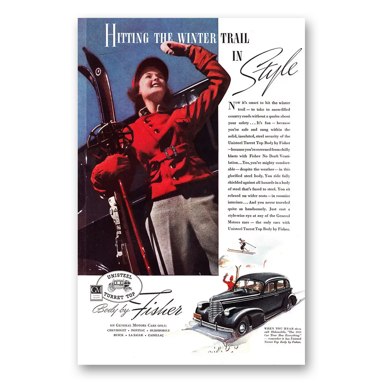 1938 Body by Fisher Hitting the Winter Trail in Style Vintage Magazine Print Ad