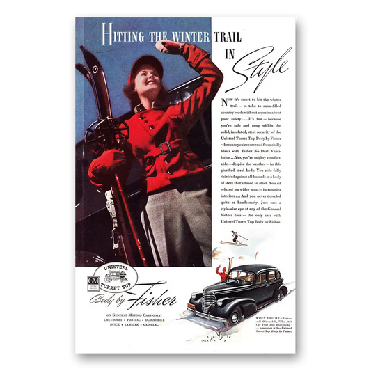 1938 Body by Fisher Hitting the Winter Trail in Style Vintage Magazine Print Ad