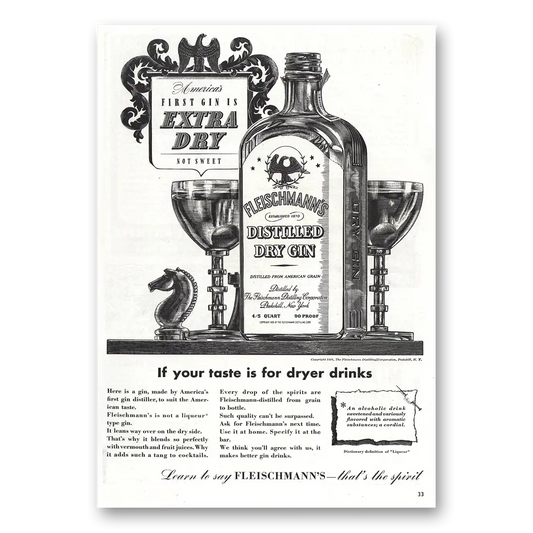 1938 Fleischmanns Gin Taste Dryer Drinks Vintage Magazine Print Ad