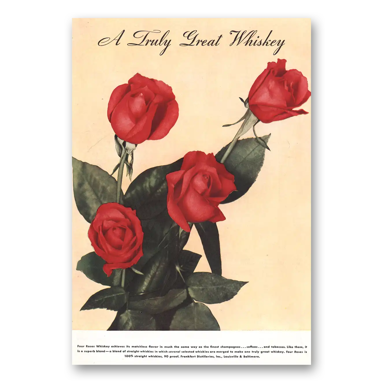 1938 Four Roses Truly Great Whiskey Vintage Magazine Print Ad