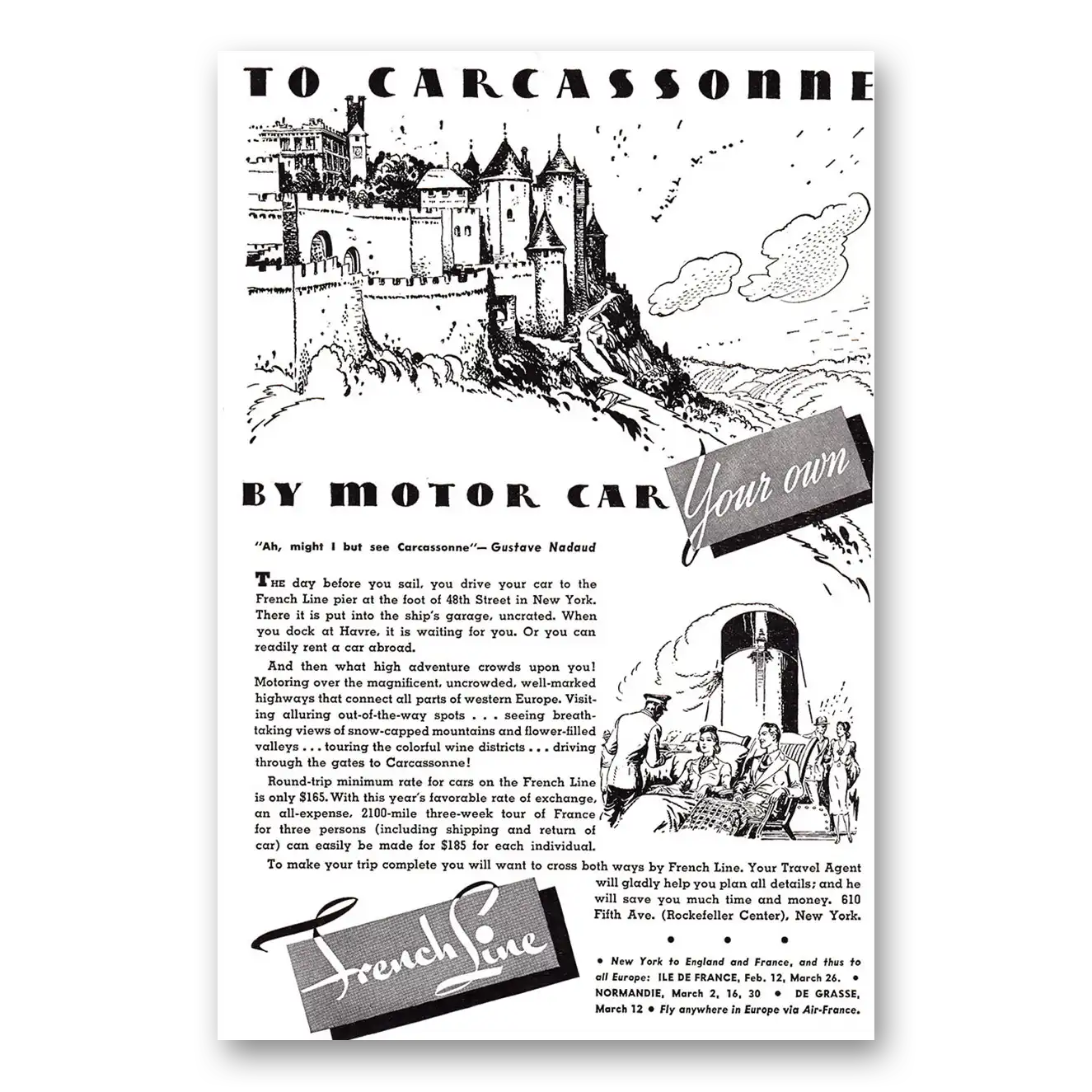 1938 French Line Carcassonne by Motor Car Vintage Magazine Print Ad