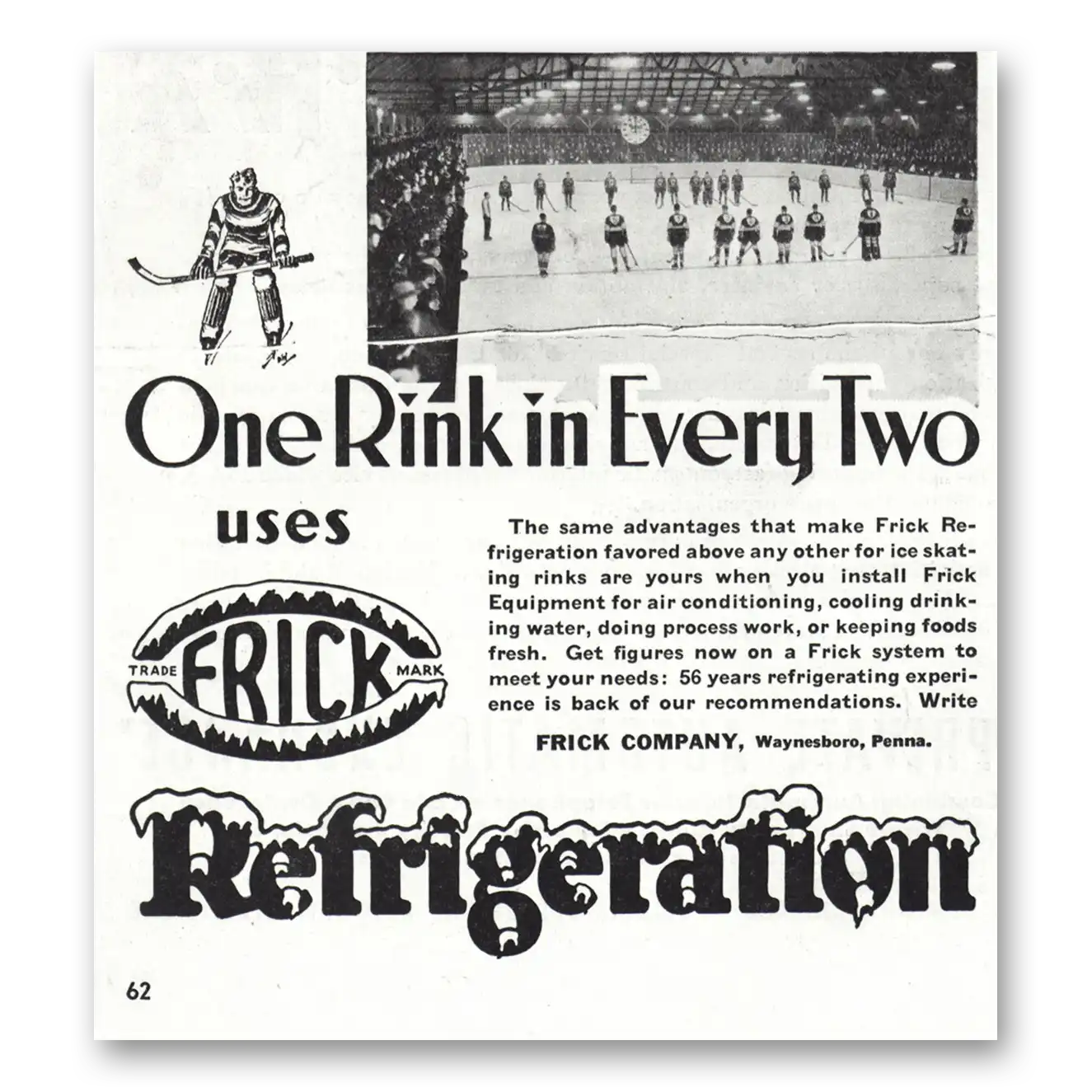 1938 Frick Refrigeration One Rink In Every Two Vintage Magazine Print Ad