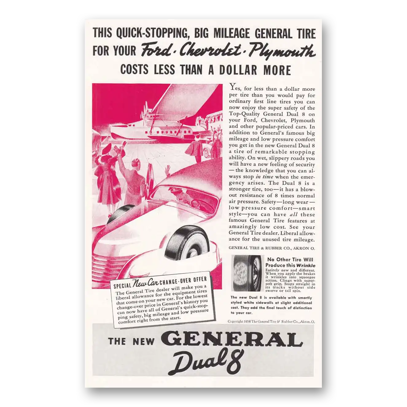 1938 General Tire Dual 8 Tires Quick Stopping Big Mileage Vintage Magazine Print Ad