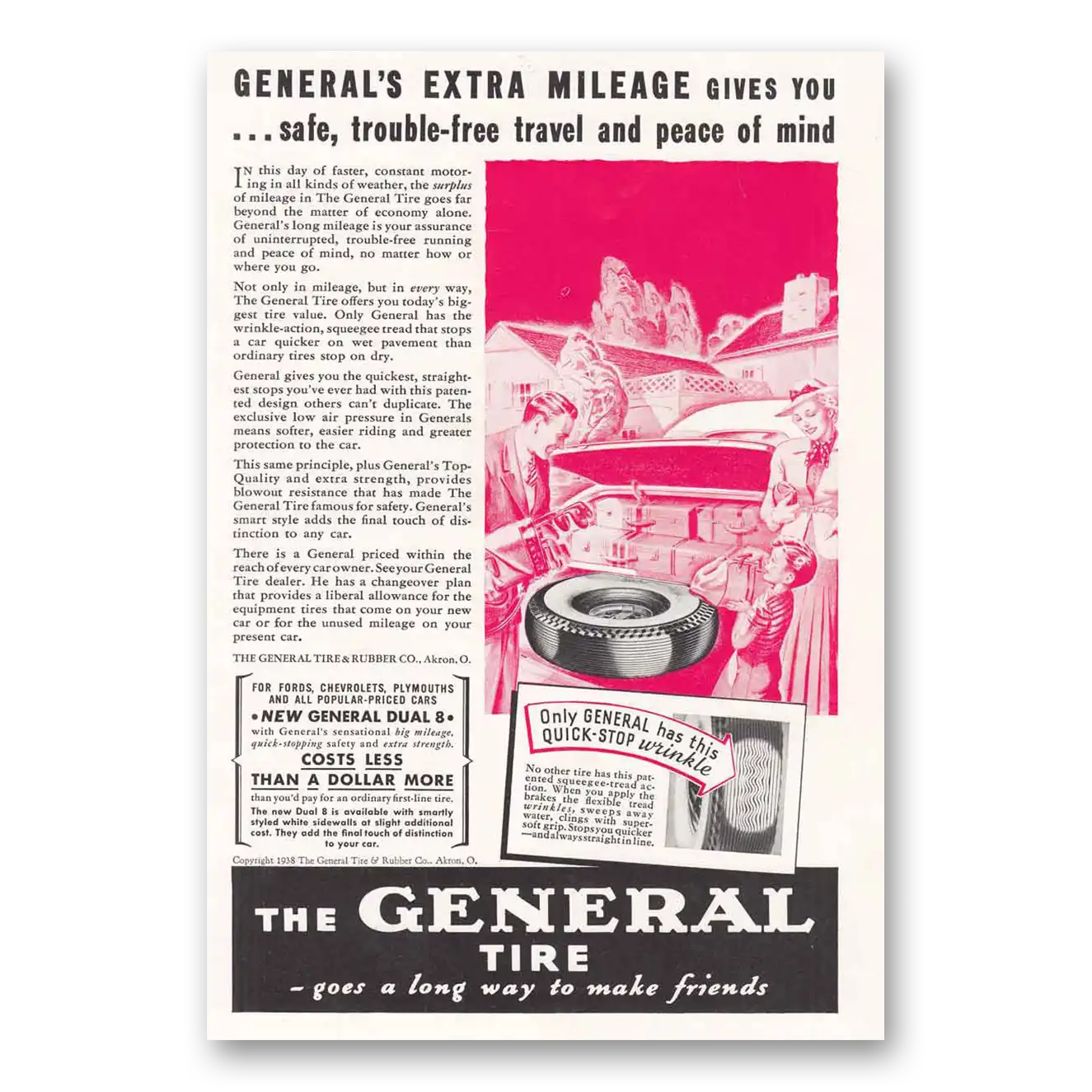 1938 General Tire Quick Stop Wrinkle Extra Mileage Vintage Magazine Print Ad