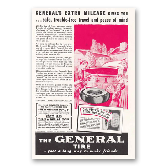 1938 General Tire Quick Stop Wrinkle Extra Mileage Vintage Magazine Print Ad