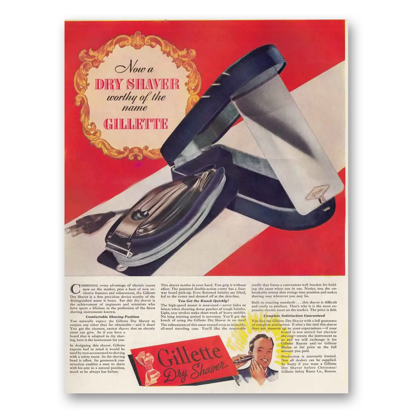 1938 Gillette Razor Dry Shaver Worthy of the Name Vintage Magazine Print Ad