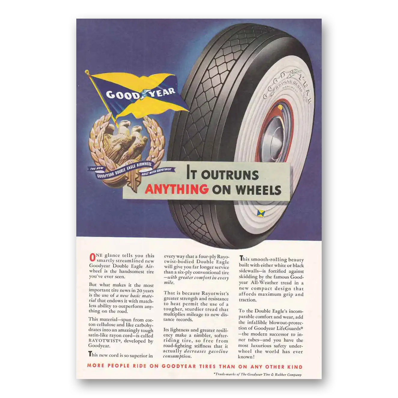 1938 Goodyear Tires Outruns Anything on Wheels Vintage Magazine Print Ad