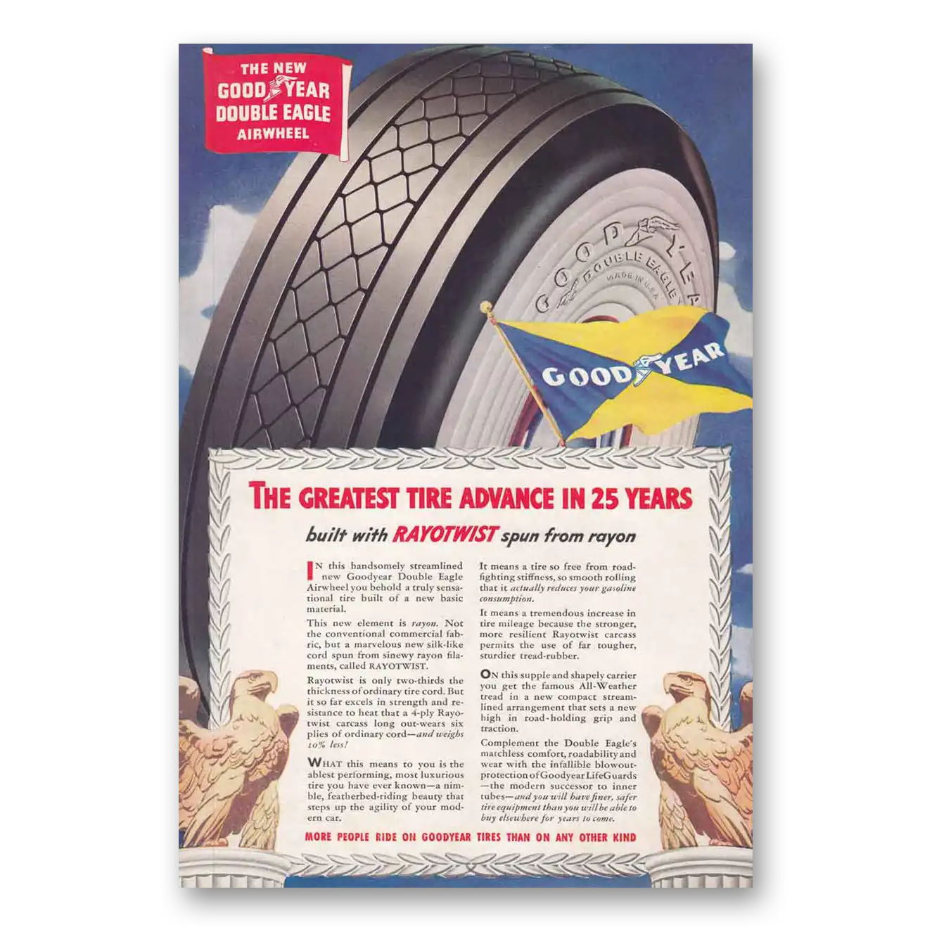 1938 Goodyear Tires Double Eagle Airwheel Tire Built with Rayotwist Vintage Magazine Print Ad