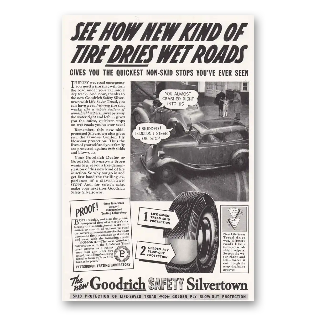 1938 Goodrich Silvertown Tires Dries Wet Roads Vintage Magazine Print Ad