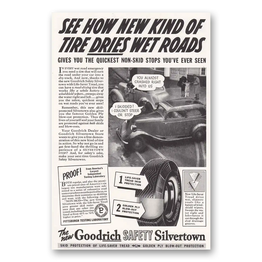 1938 Goodrich Silvertown Tires Dries Wet Roads Vintage Magazine Print Ad