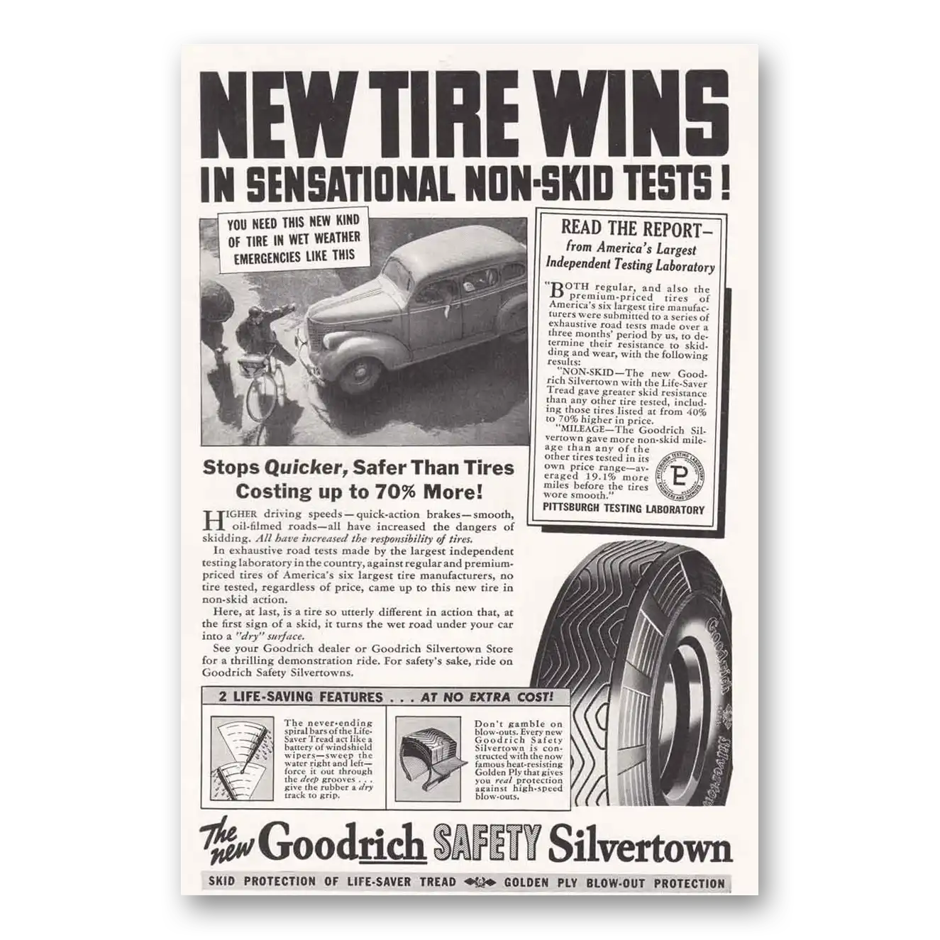 1938 Goodrich Silvertown Tires Non Skid Tests Vintage Magazine Print Ad