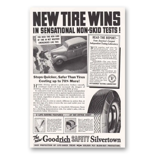 1938 Goodrich Silvertown Tires Non Skid Tests Vintage Magazine Print Ad