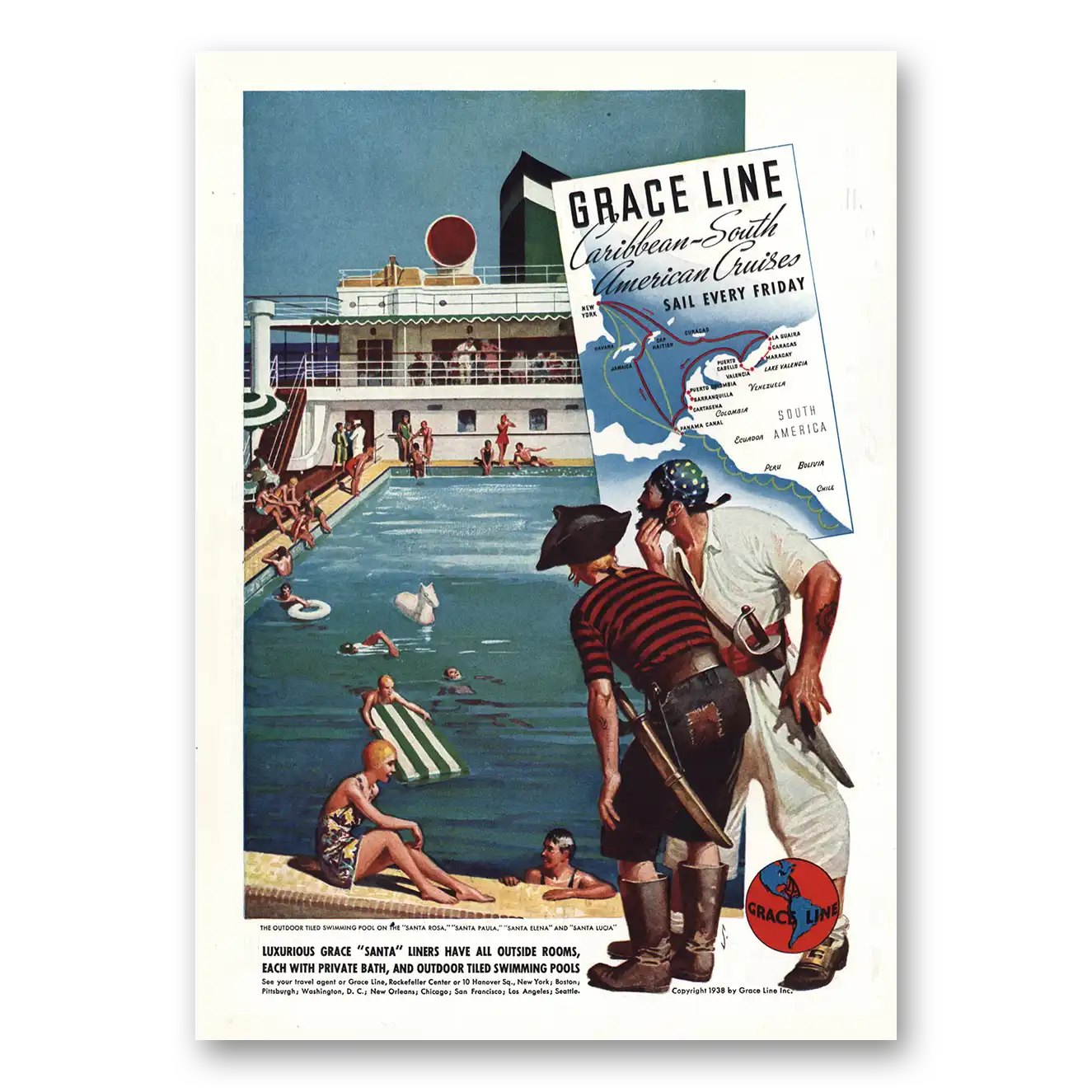 1938 Grace Line Caribbean South American Cruises Pirates Vintage Magazine Print Ad