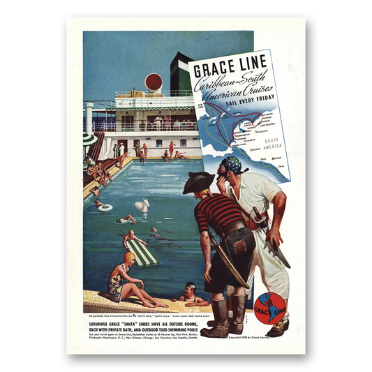 1938 Grace Line Caribbean South American Cruises Pirates Vintage Magazine Print Ad