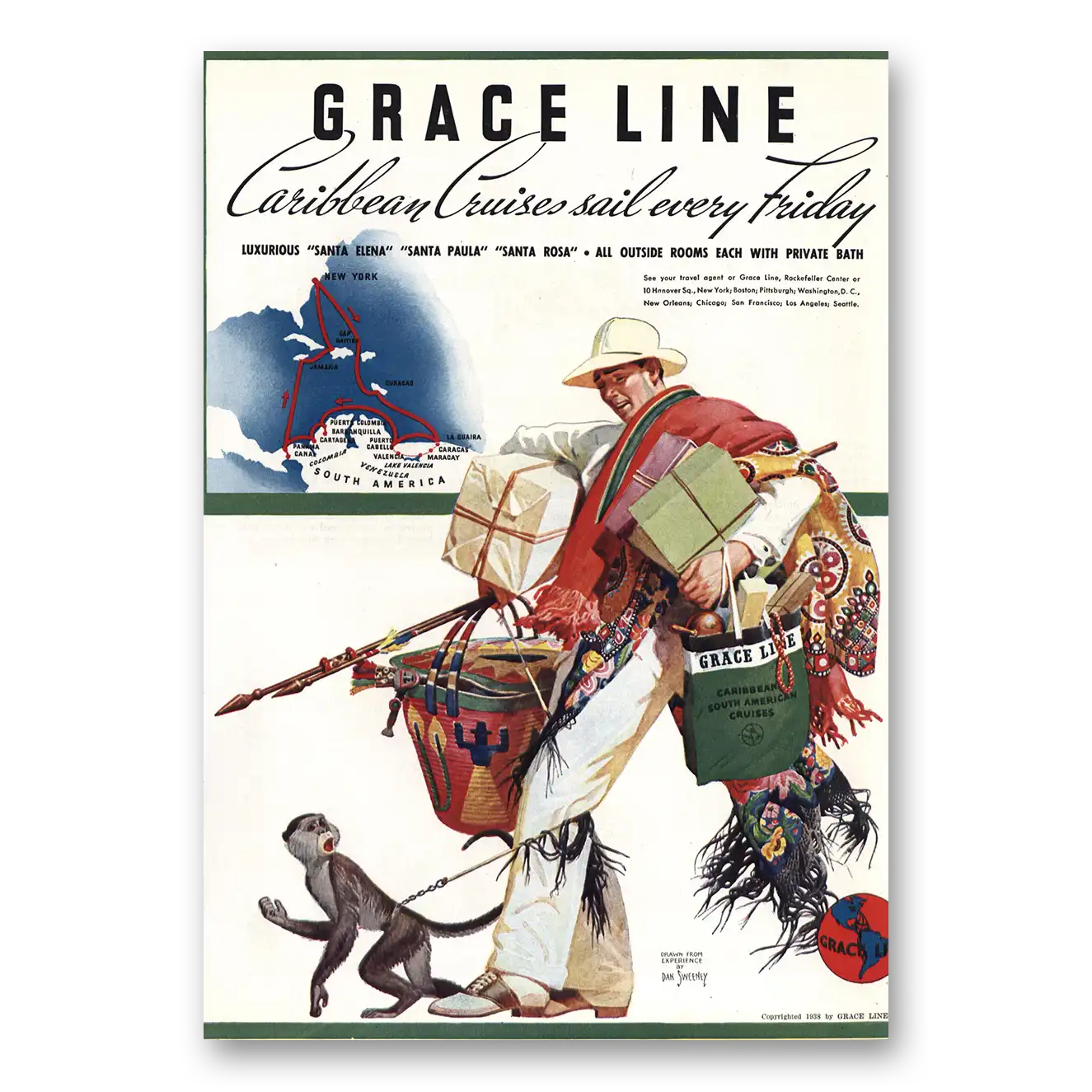 1938 Grace Line Caribbean Cruises Sail Every Friday Vintage Magazine Print Ad