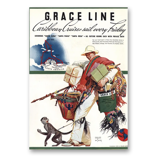 1938 Grace Line Caribbean Cruises Sail Every Friday Vintage Magazine Print Ad