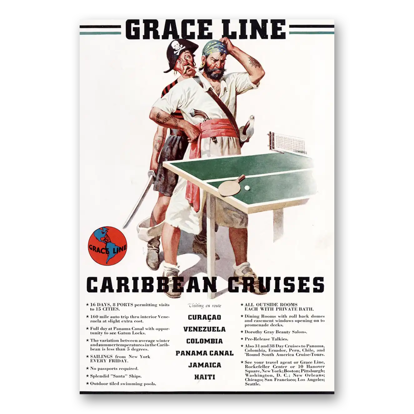 1938 Grace Line Caribbean Cruises Ping Pong Vintage Magazine Print Ad