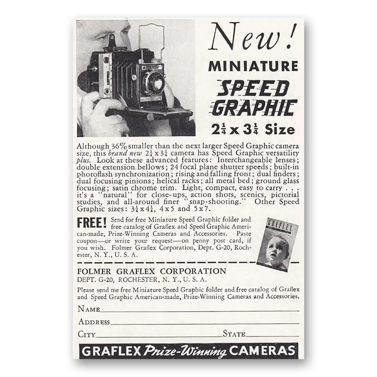 1938 Graflex Cameras Miniature Speed Graphic Vintage Magazine Print Ad