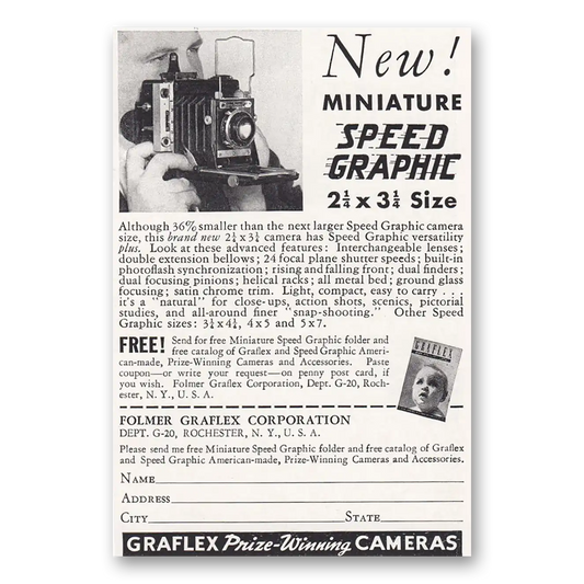 1938 Graflex Cameras Miniature Speed Graphic Vintage Magazine Print Ad