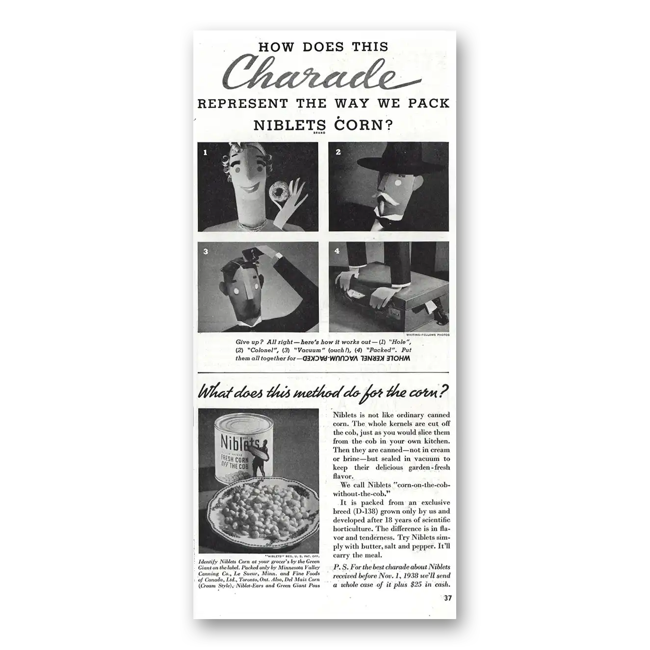 1938 Green Giant Charade Niblets Corn Vintage Magazine Print Ad