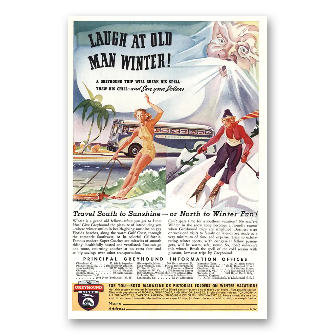 1938 Greyhound Laugh at Old Man Winter Vintage Magazine Print Ad