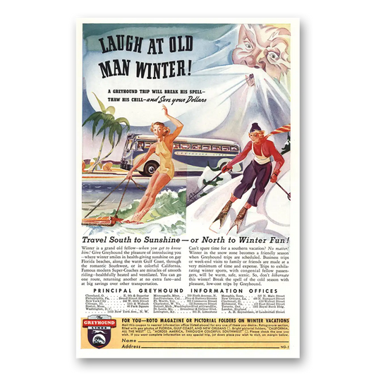 1938 Greyhound Laugh at Old Man Winter Vintage Magazine Print Ad