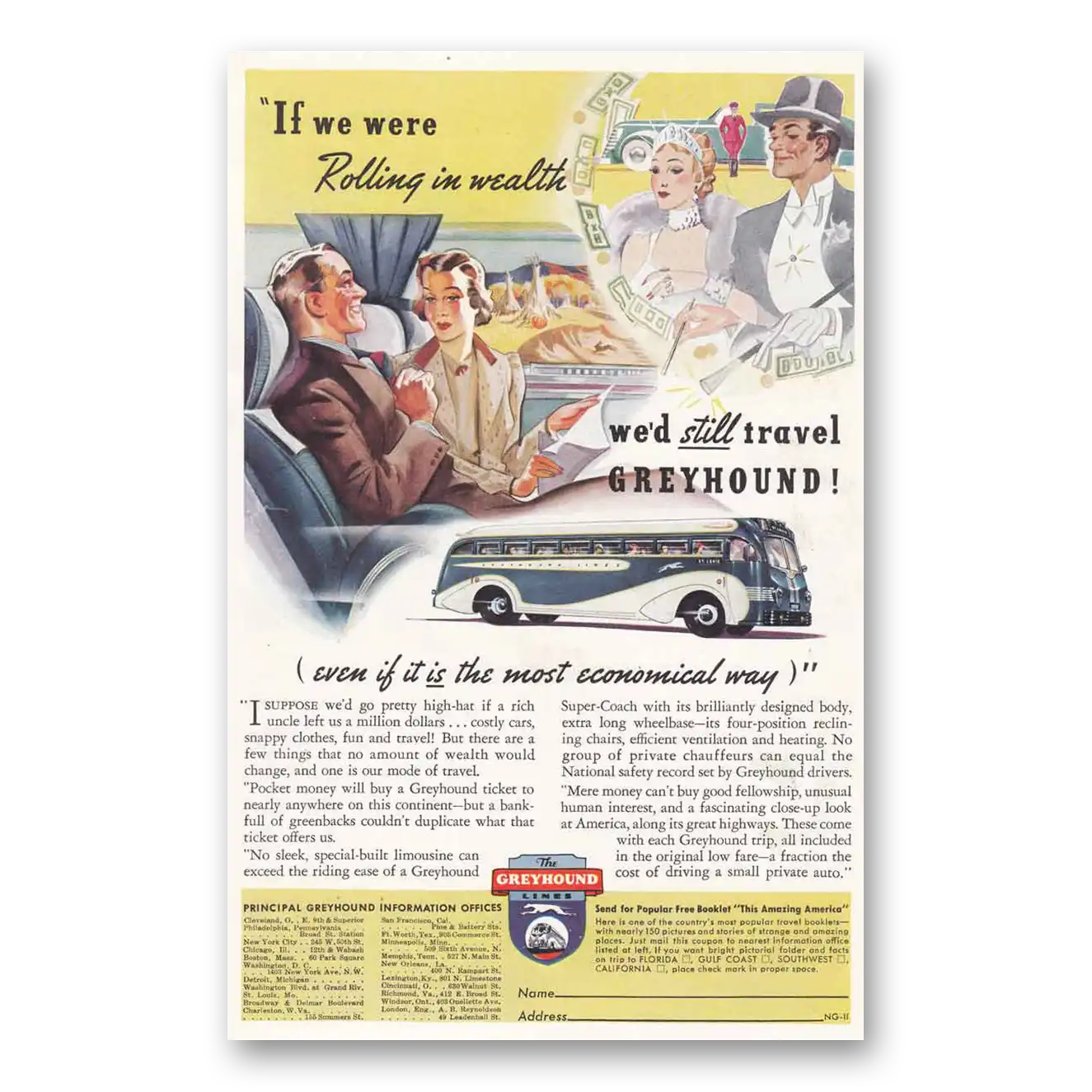 1938 Greyhound Rolling in Wealth Vintage Magazine Print Ad