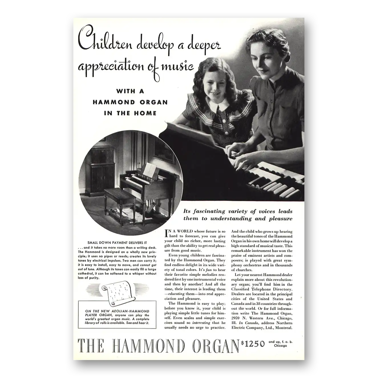 1938 Hammond Organ Children Develop a Deeper Appreciation Vintage Magazine Print Ad