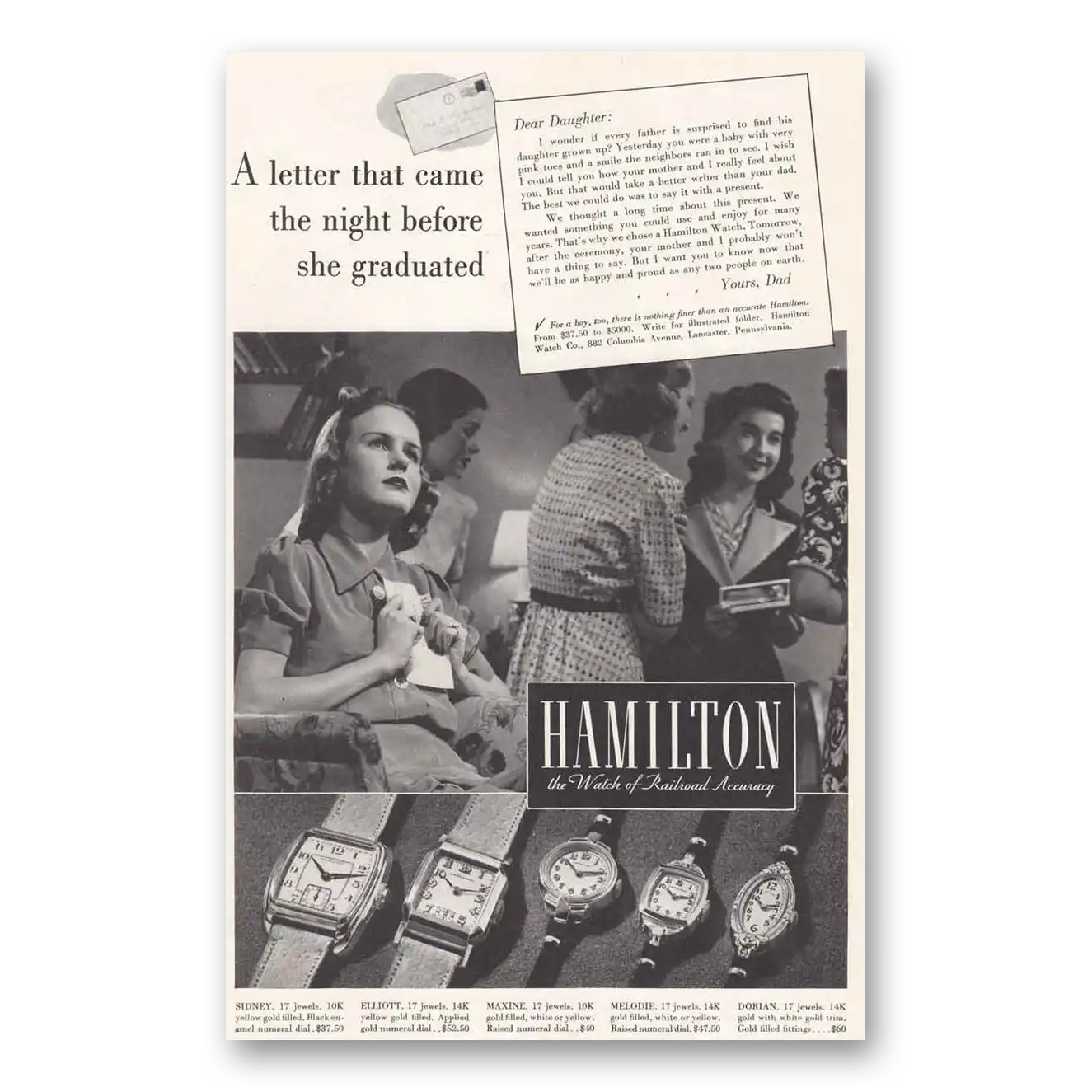 1938 Hamilton Watch Letter That Came the Night Before Vintage Magazine Print Ad