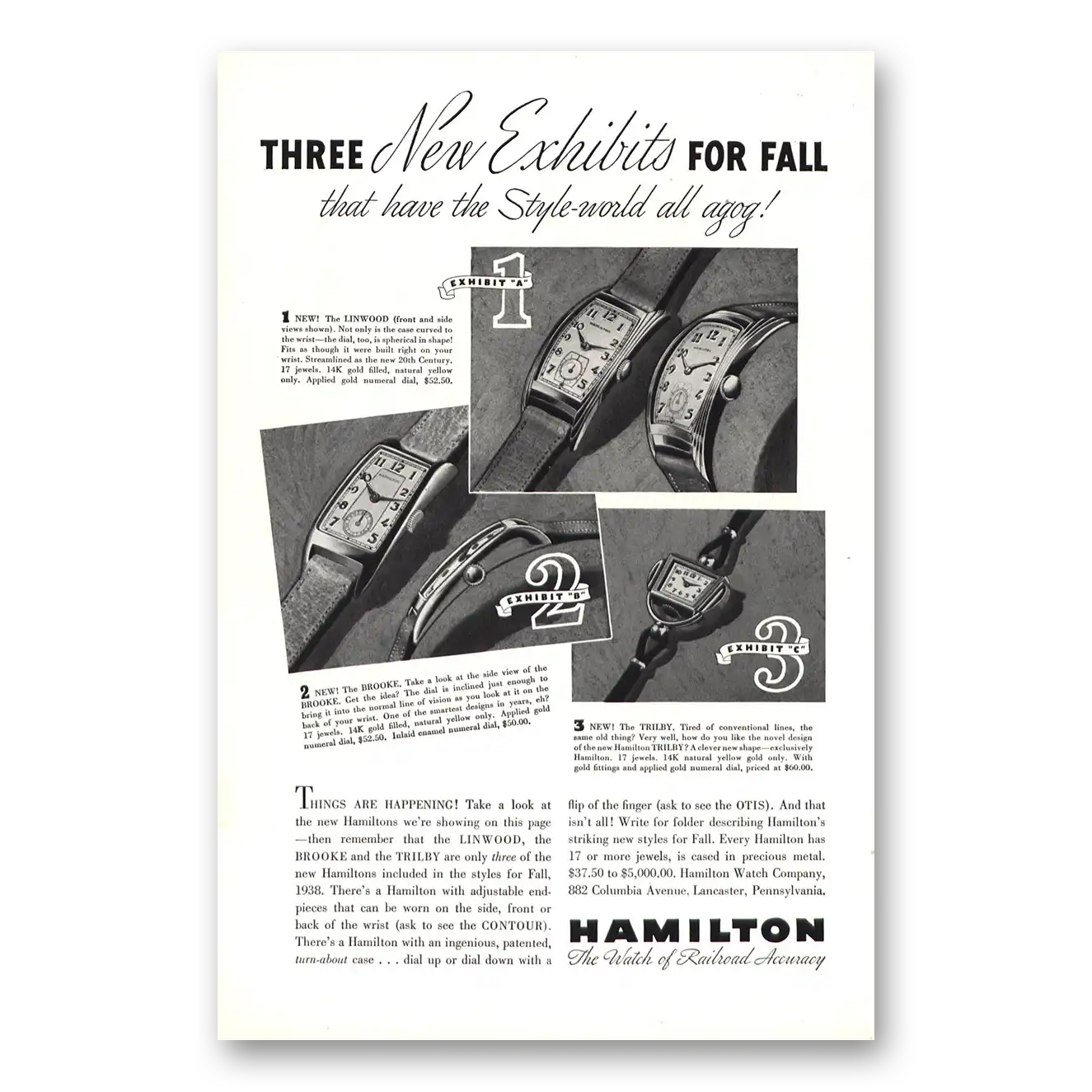 1938 Hamilton Watch New Exhibits for Fall Vintage Magazine Print Ad