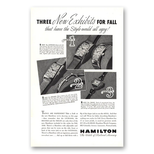 1938 Hamilton Watch New Exhibits for Fall Vintage Magazine Print Ad