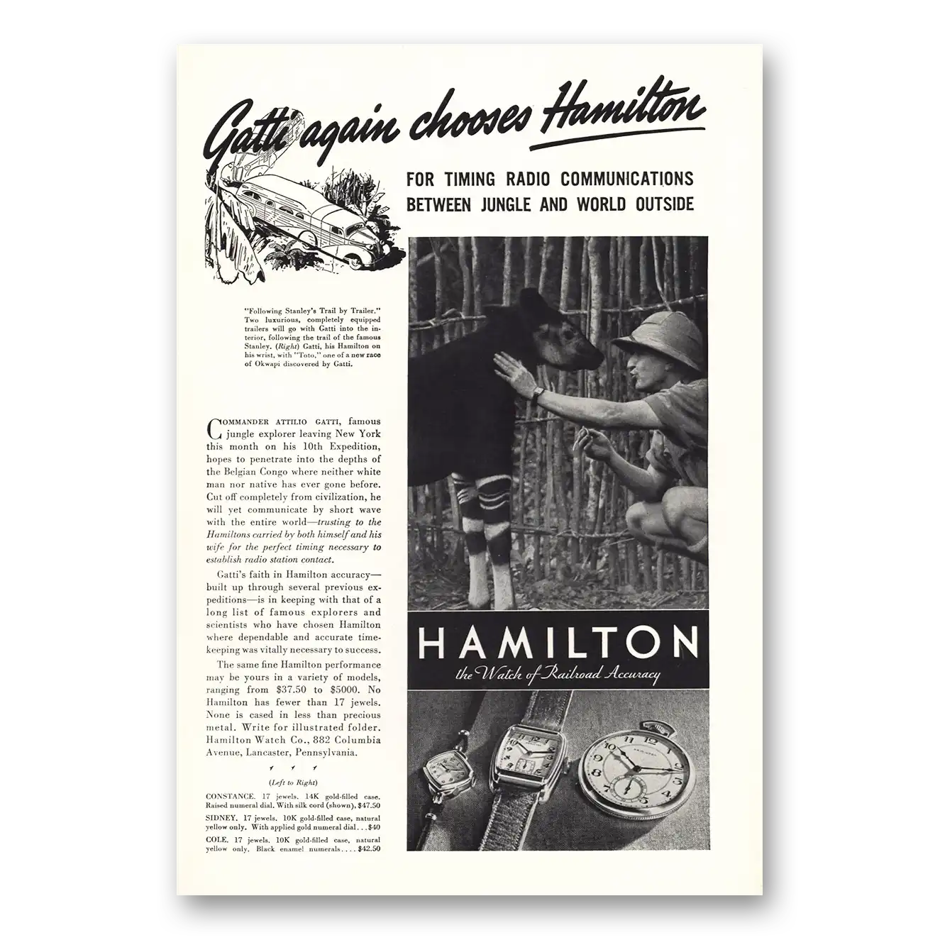 1938 Hamilton Watch Gatti Again Chooses Hamilton Vintage Magazine Print Ad