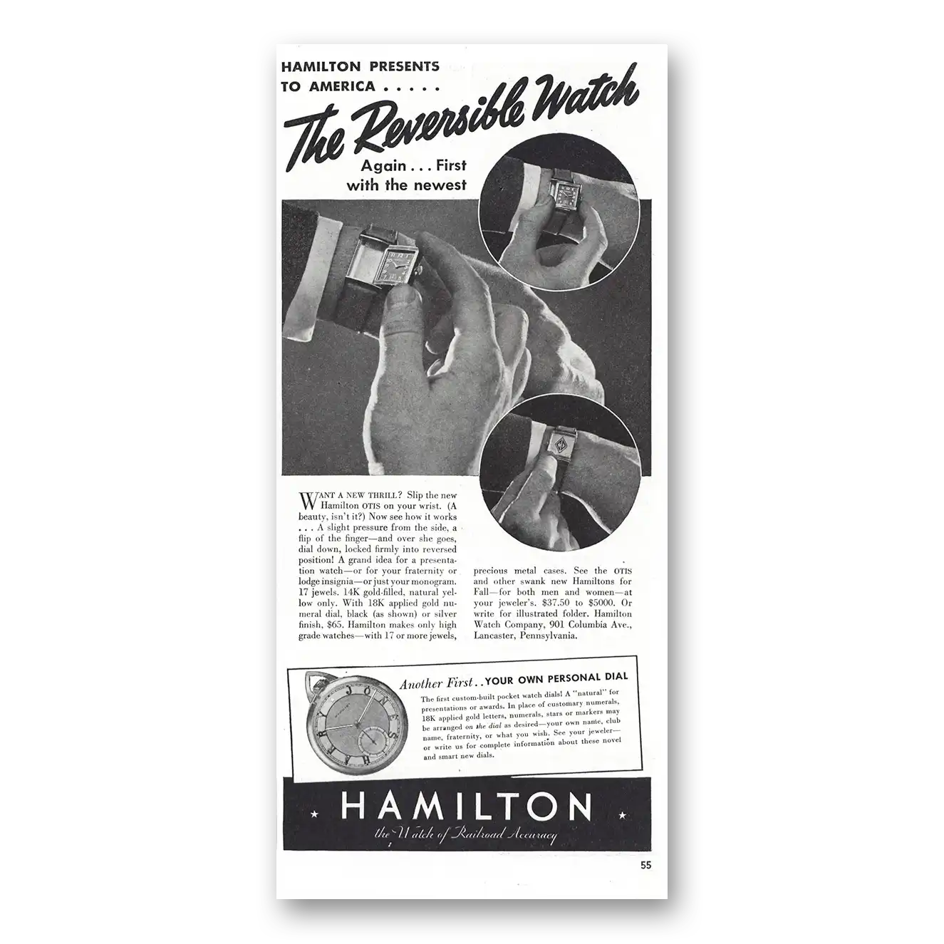 1938 Hamilton Watch Reversible Watch Vintage Magazine Print Ad