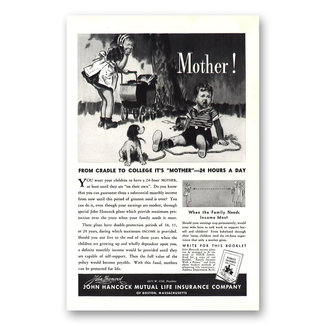 1938 John Hancock Insurance Mother From Cradle to College Vintage Magazine Print Ad