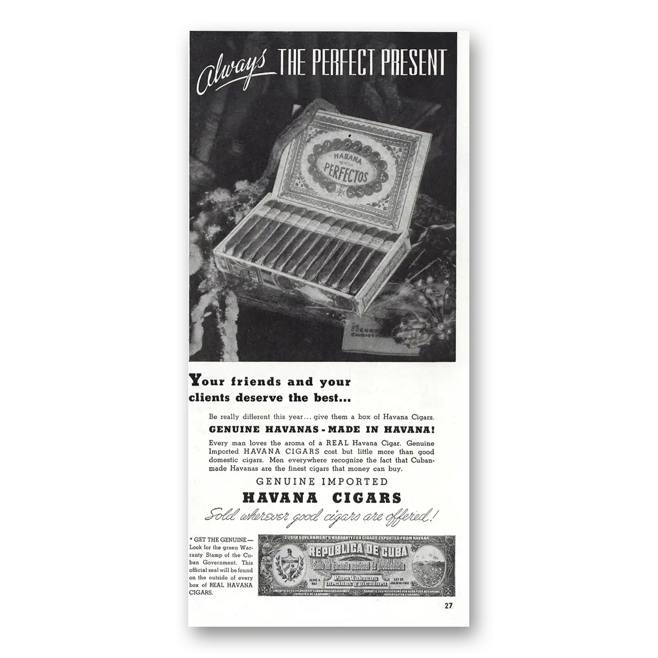 1938 Havana Cigars Always Perfect Present Vintage Magazine Print Ad