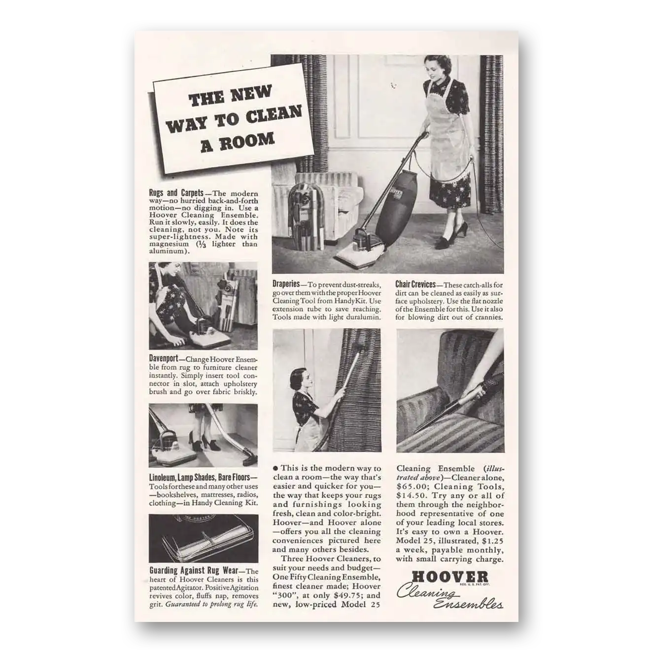 1938 Hoover Vacuum Cleaning Ensembles New Way To Clean a Room Vintage Magazine Print Ad